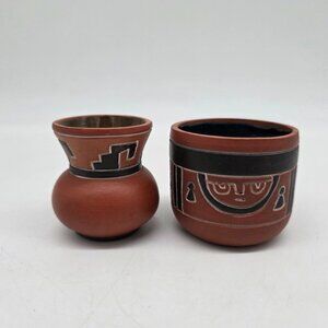 Set Of 2 Miniature Terracotta Clay Pots With Geometric & Tribal Maya Patterns